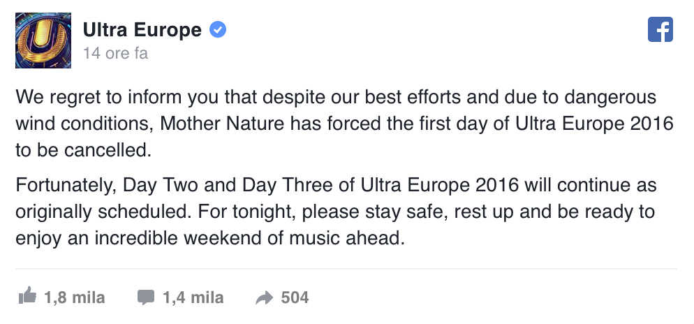 Ecco il comunicato su Facebook, che annuncia l'annullamento del Day 1