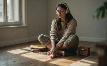 AI-generated illustration of a young woman listening to music with vintage headphones, surrounded by vinyl records and a transistor radio, warm analog lighting
