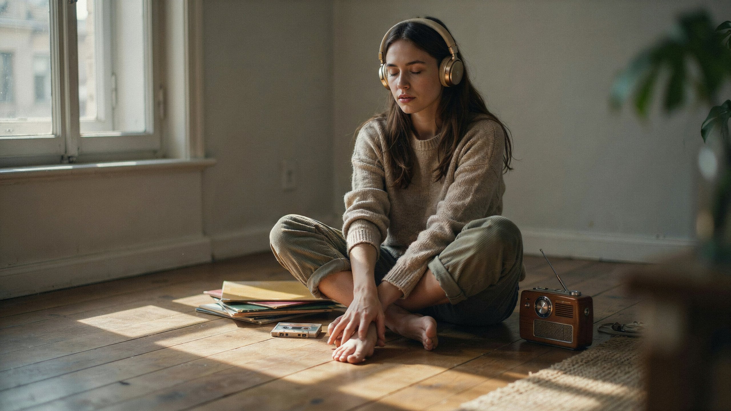 AI-generated illustration of a young woman listening to music with vintage headphones, surrounded by vinyl records and a transistor radio, warm analog lighting