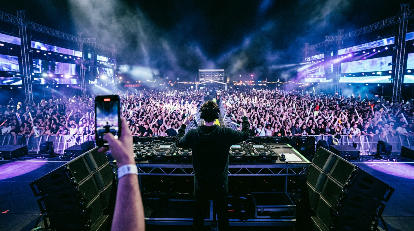 AI-generated editorial photo of a DJ performing on a mainstage festival stage at night, seen from behind, facing a massive crowd with dramatic colored lighting