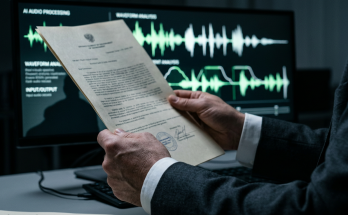 AI-generated editorial illustration of a legal document casting a shadow over an AI music interface screen, representing the Italian AGCM investigation into Suno's terms of service