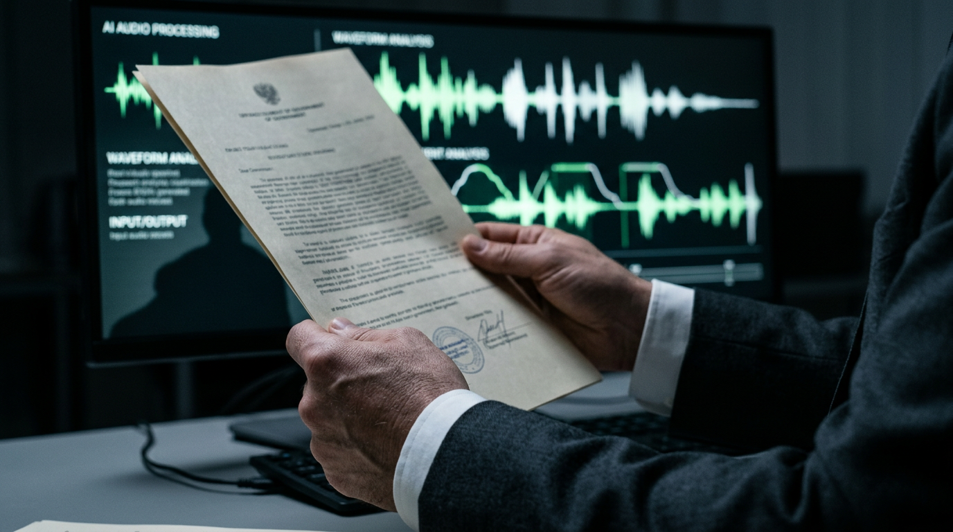 AI-generated editorial illustration of a legal document casting a shadow over an AI music interface screen, representing the Italian AGCM investigation into Suno's terms of service