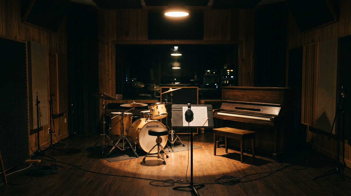 Empty recording studio live room with drum kit and piano under a single spotlight — AI Generated Image